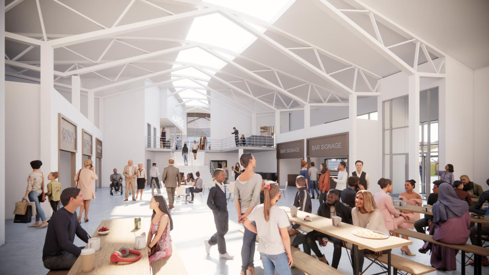 artist imprsssion of the inside of Bacup market with people sat at tables and walking about