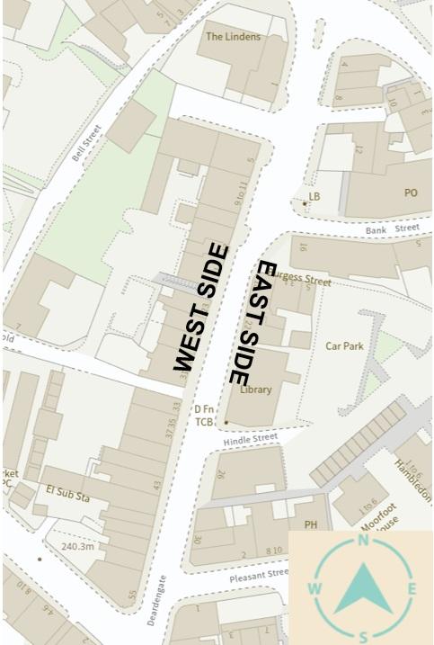 Map indicating the west & east sides of Deardengate.