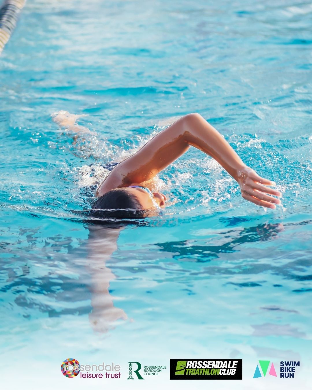 Photo of someone swimming to promote Rossendale Triathlon Club with logos